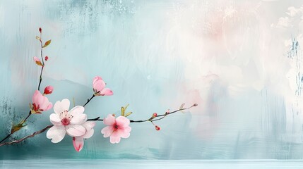 A single branch of cherry blossoms in a minimalist design on a subtle watercolor background, offering empty space for adding text, suitable for a birthday card.