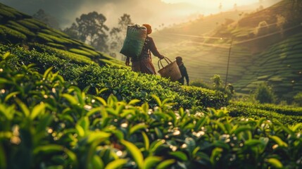 Fototapeta premium Indian pickers crossing tea plantation in Darjeeling, India picking tea Carrying a basket on the back