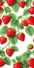 Seamless pattern of strawberries on vine with green leaves, wallpaper, background