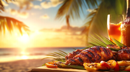 Caribbean jerk chicken with vibrant spices, set against a tropical beach with palm trees and sunset light, high texture detail