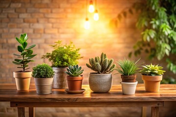 Fototapeta premium A small group of plants on a wooden side table with a warm lighting effect, plant pot, flowers
