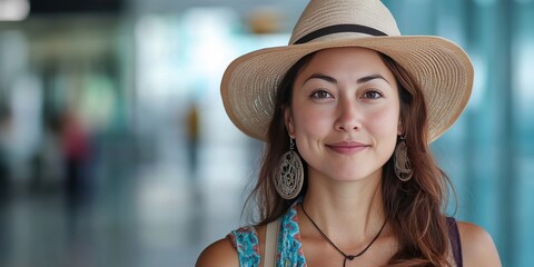 Confident Young Woman in a Hat Smiling at the Camera in a Modern Airport Setting