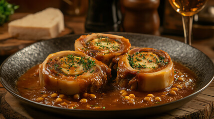 Italian osso buco with rich sauce, displayed in a rustic Italian kitchen setting, warm natural light