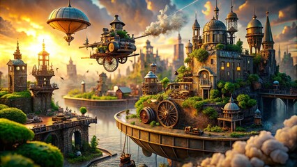 Obraz premium A City of Clockwork and Clouds, Where Structures Rise on Mechanical Platforms, and Air Ships Sail Through a Sky of Vapor Trails
