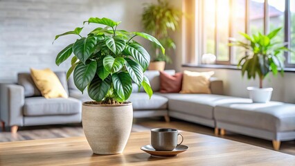 Fototapeta premium Coffee plant leaves in a decorative vase on a modern living room table, greenery, modern