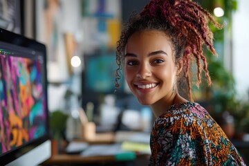 Artistic young woman with dreads working on graphic design at her computer in a colorful and vibrant office space, showcasing creativity and modern work culture..