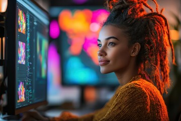 Artistic young woman with dreads working on graphic design at her computer in a colorful and vibrant office space, showcasing creativity and modern work culture..