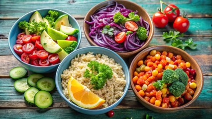 Colorful and nutritious plant-based bowls filled with quinoa and vegetables, fresh mix, colorful bowl, nutritious meals