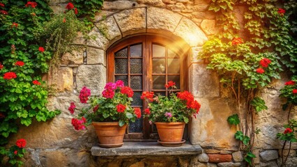Fototapeta premium Sunlight Bathes a Stone Wall, Framing a Window Adorned with Vibrant Blooms in Terracotta Pots