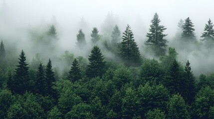 Obraz premium Misty forest with lush green trees fading into fog