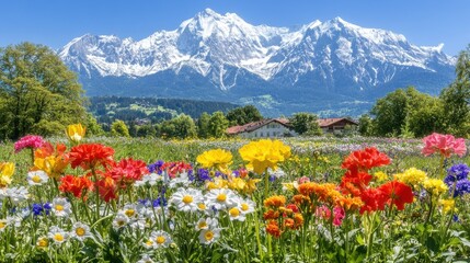 Obraz premium Vibrant flower field with snowy mountains in background on a sunny day