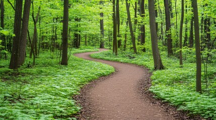 Fototapeta premium Curving forest path surrounded by lush greenery