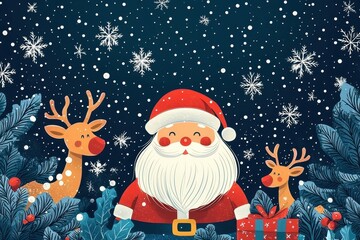 A cheerful Christmas banner featuring playful illustrations of Santa Claus, reindeer, and snowflakes, creating a fun and festive holiday atmosphere for all ages...