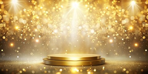 A gleaming golden platform in a luminous and glittering backdrop, ready for the unveiling of brilliance.