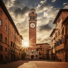 Obraz premium A picturesque sunset view of a historic clock tower surrounded by charming buildings.