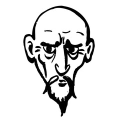 Asian man with shaved head and small beard and mustache, vector drawing on white background.