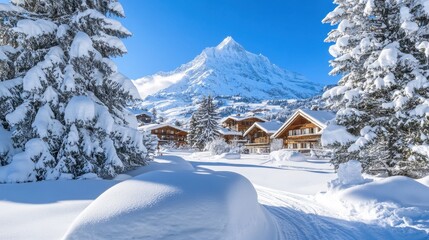 Fototapeta premium Snow-covered village with wooden houses against a mountain backdrop