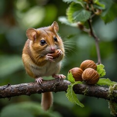 Foliage Feast: A Hazel Dormouse Nibbling on Hazelnuts in the Woods
