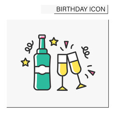 Celebration color icon. Cocktail birthday party with champagne and two glasses. Cheers. Birthday concept. Isolated vector illustration