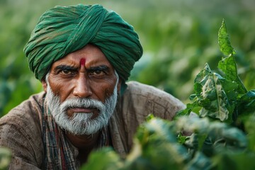 An Indian farmer wearing a turban tends to crops in a vibrant, green field, symbolizing dedication to agriculture and connection to the land..