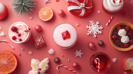 Collection of Christmas, Christmas recipes, flat design, top view, 3D render, Triadic color scheme, and deliciousdrink 
