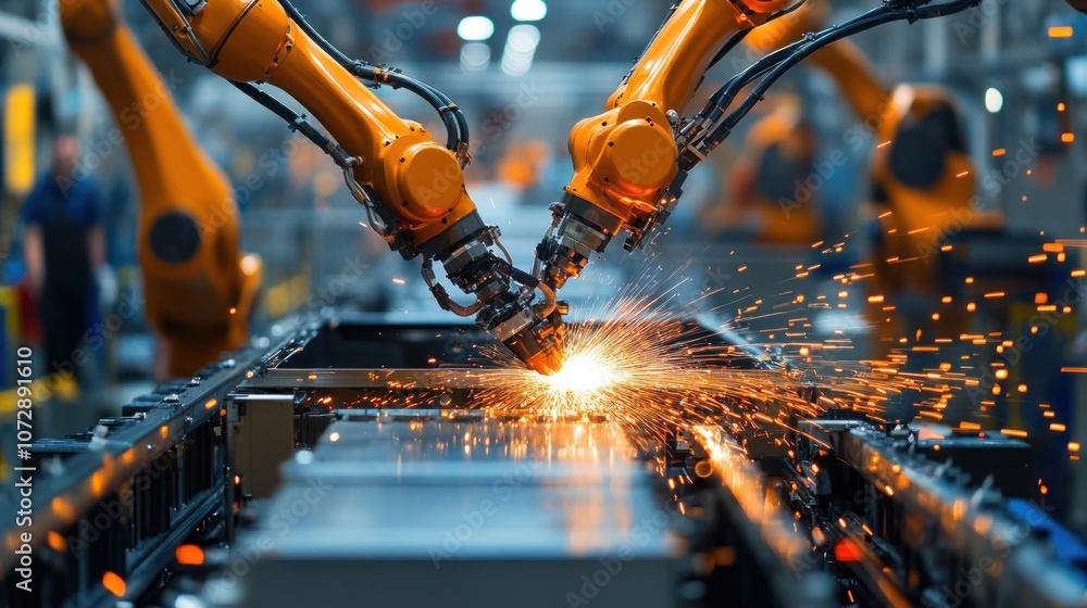 Poster automated robotic arms installing components in a car assembly line at a modern automotive factory s