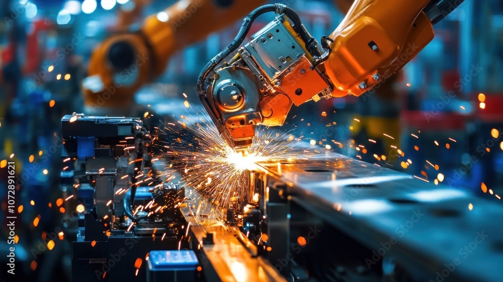 Poster automated robotic arms installing components in a car assembly line at a modern automotive factory s