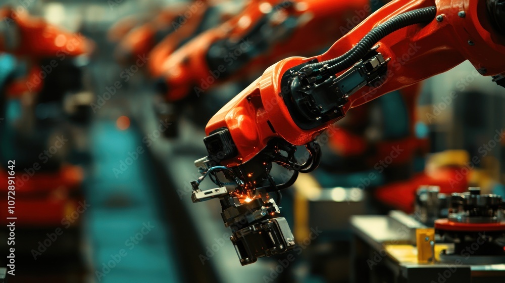 Poster automated robotic arms installing components in a car assembly line at a modern automotive factory s