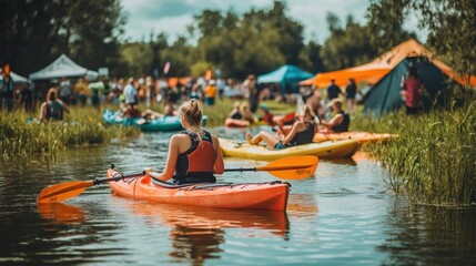 A woman paddles a kayak down a river with other people kayaking behind her, a crowd of people gather on the riverbank.