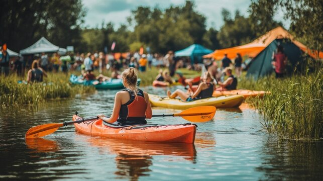 A woman paddles a kayak down a river with other people kayaking behind her, a crowd of people gather on the riverbank.