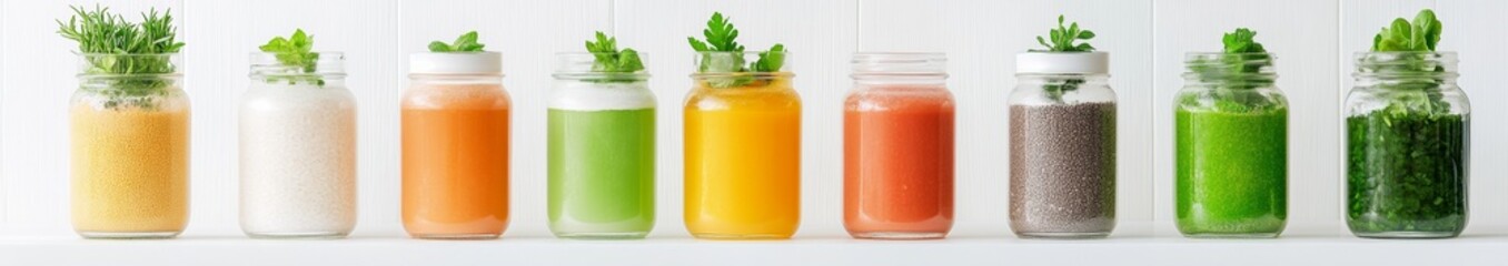 Vibrant Array of Natural Health Drinks in Glass Jars on White Background