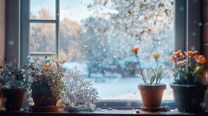 View from an old house window with falling snow outside, cozy room with plants and flowers on a sunny winter day