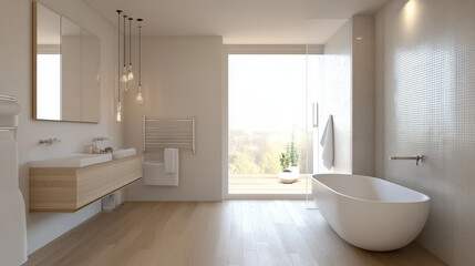 Modern bathroom design features freestanding bathtub, wooden vanity, and large windows. space is bright and airy, creating serene atmosphere perfect for relaxation