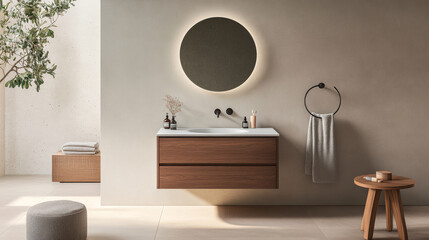 Modern bathroom design features sleek wooden vanity, round mirror with ambient lighting, and minimalist decor. serene atmosphere is enhanced by natural elements and soft colors