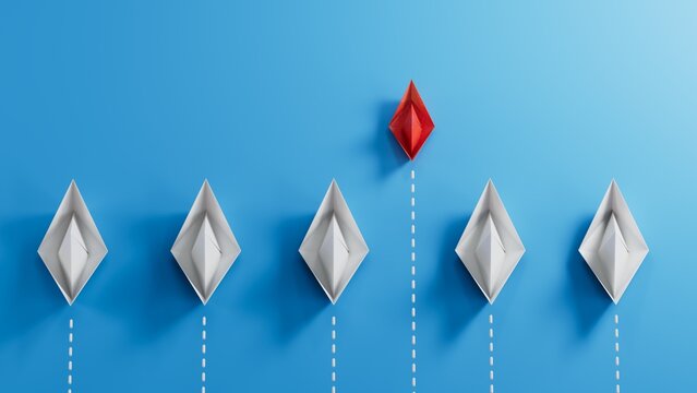 Small business, Small and Medium Enterprise concept with small red paper boat.new ideas. paper art style. creative idea.3D rendering on blue background.