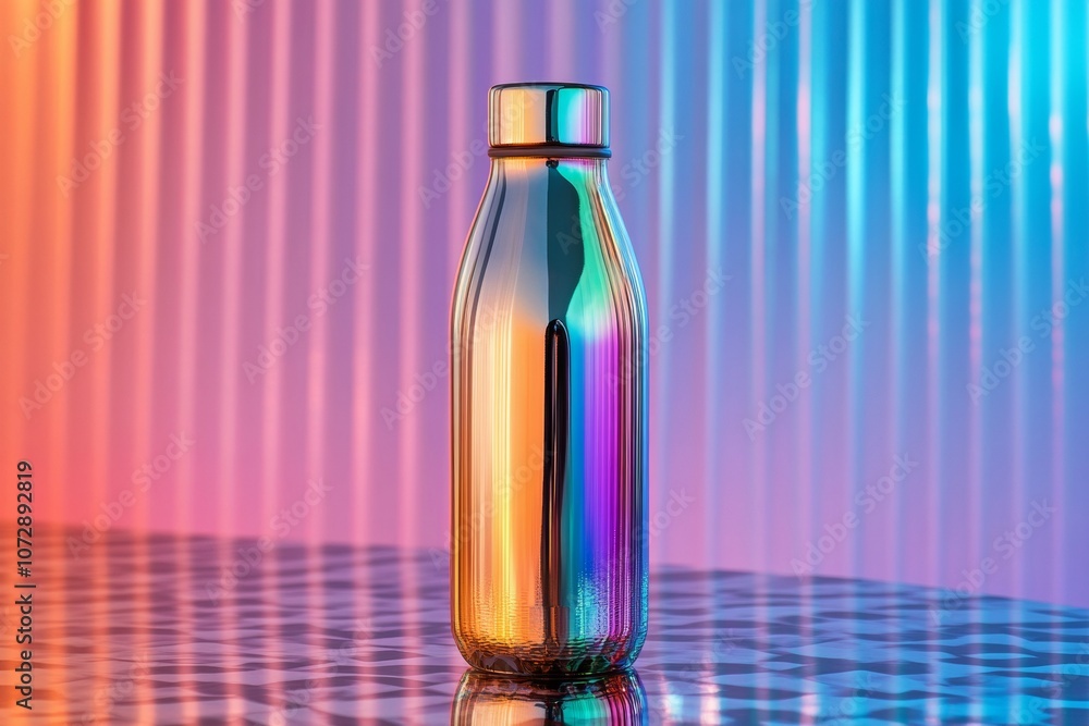 Poster futuristic chrome bottle on y2k-inspired neon backdrop with metallic accents