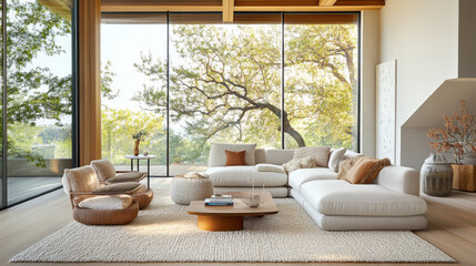 Fototapeta premium A modern living room featuring spacious sectional sofa, cozy armchairs, and stylish coffee table. large windows offer stunning view of nature, creating serene atmosphere