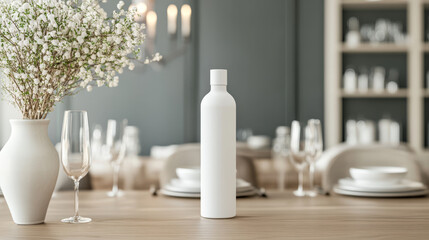 A minimalist dining setup featuring white bottle as centerpiece, surrounded by elegant glassware and tableware, creating serene and sophisticated atmosphere