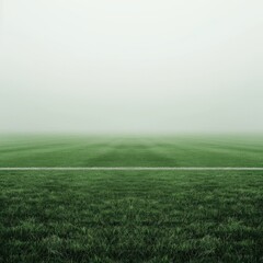 Obraz premium Serene foggy landscape with green grass field.
