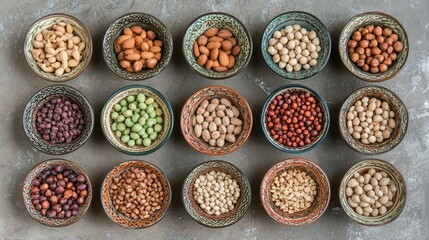 Colorful Bowls of Various Nuts and Seeds Arrangement