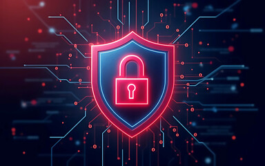 A shield with firewall imagery surrounded by binary code, symbolizing digital protection against cyber threats and network security.