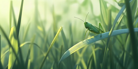 Grasshopper on Dewy Grass Blade