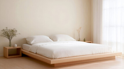 A minimalist bedroom featuring wooden platform bed with white bedding, complemented by natural decor elements. serene atmosphere invites relaxation and tranquility