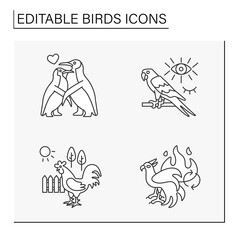  Birds line icons set. Different types of birds symbolize.Penguins, macaw, rooster and phoenix, Nature concept. Isolated vector illustrations. Editable stroke