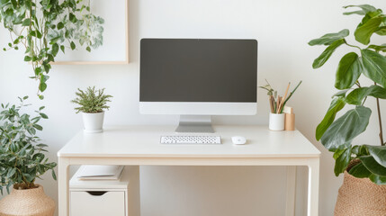 A modern workspace featuring sleek computer setup on minimalist desk surrounded by lush greenery. calming atmosphere promotes productivity and creativity