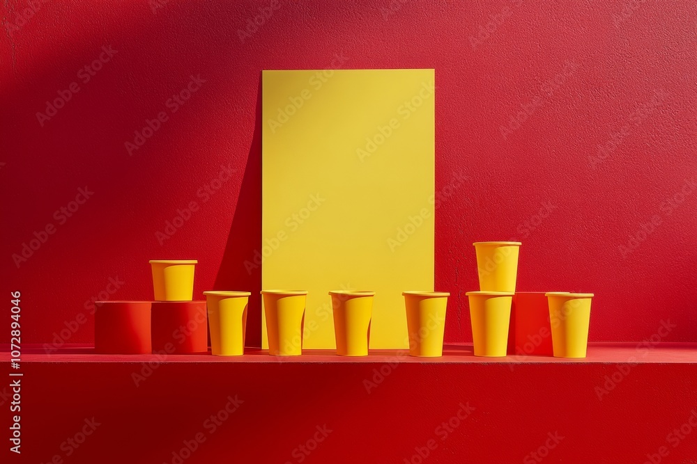 Poster symmetrically arranged yellow cups on bold red background highlight minimalism and modernity