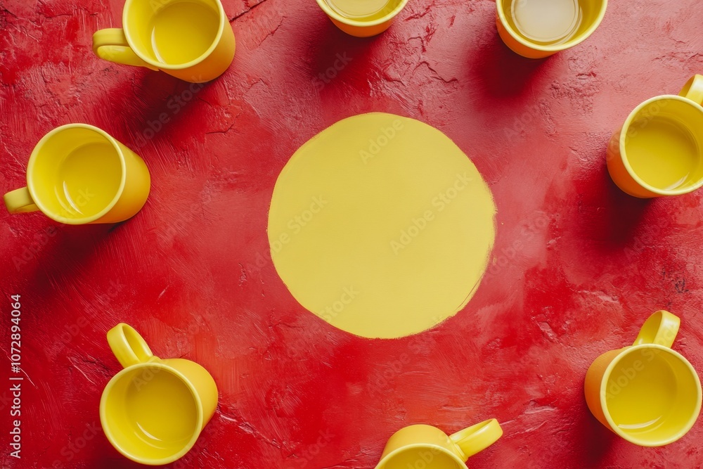 Poster symmetrical arrangement of yellow cups on bold red surface with minimalist center