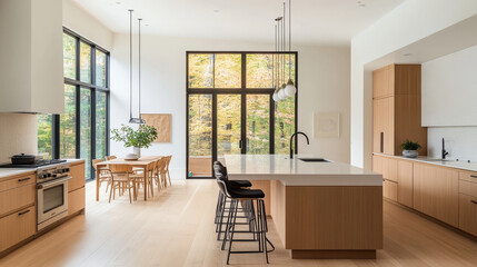Fototapeta premium Modern kitchen interior design with large windows showcasing autumn foliage. space features central island, wooden cabinetry, and dining area, creating warm and inviting atmosphere