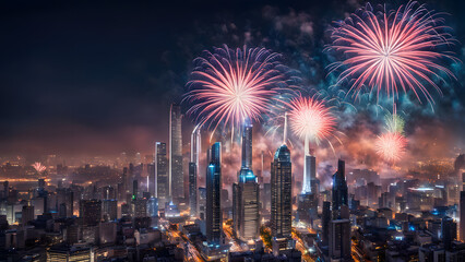 Fireworks illuminating the futuristic skyline of a modern city with sleek skyscrapers in the foreground, AI Generated