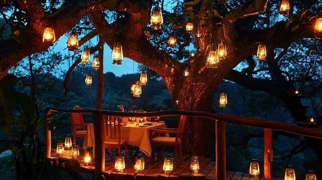 Wooden dining table set for two is romantically illuminated by numerous lanterns hanging from a tree and placed around the terrace at twilight